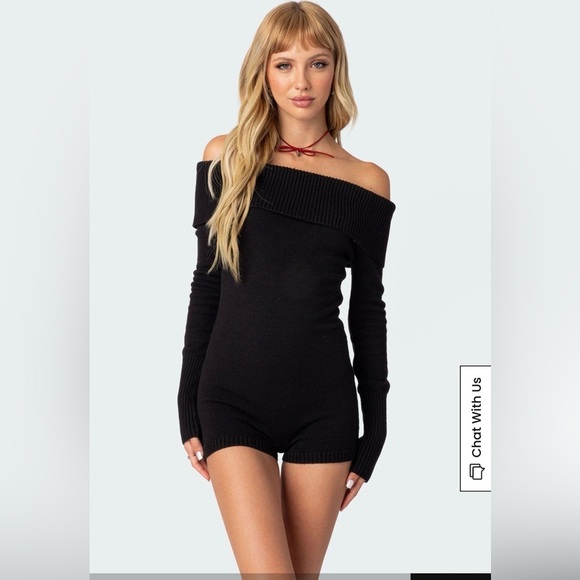 Edikted Pants - Edikted Black Off-Shoulder Sweater Romper M/L | Girls Night Out Winter